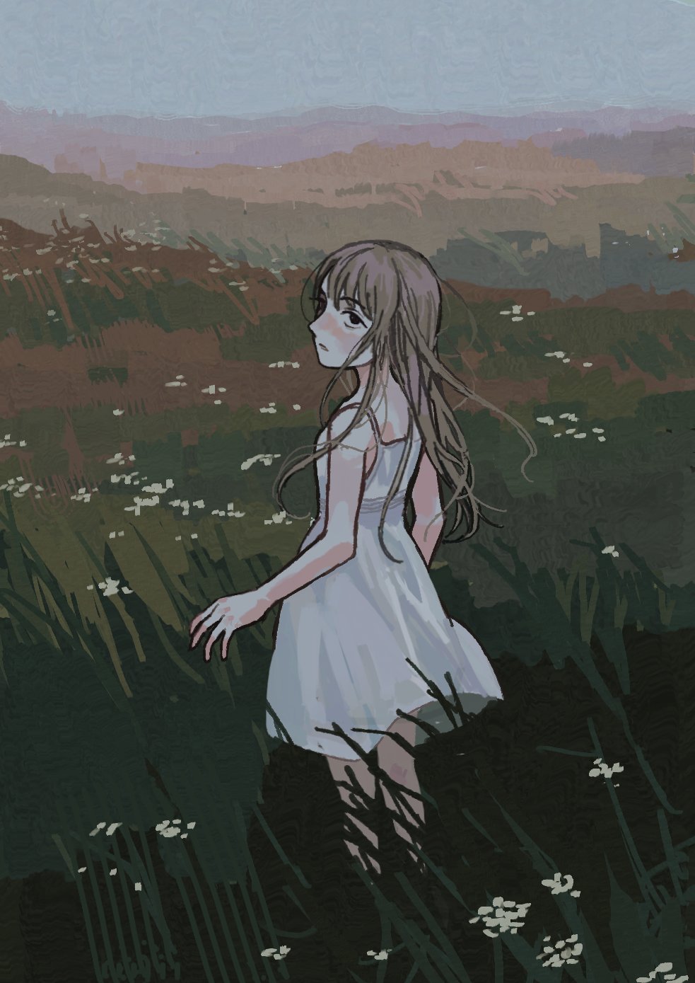 1girl black_eyes breasts brown_hair dress english_commentary expressionless field floating_hair flower flower_field grass highres io_(onisarashi) long_hair muted_color nature original scenery sky small_breasts solo sundress white_dress wind