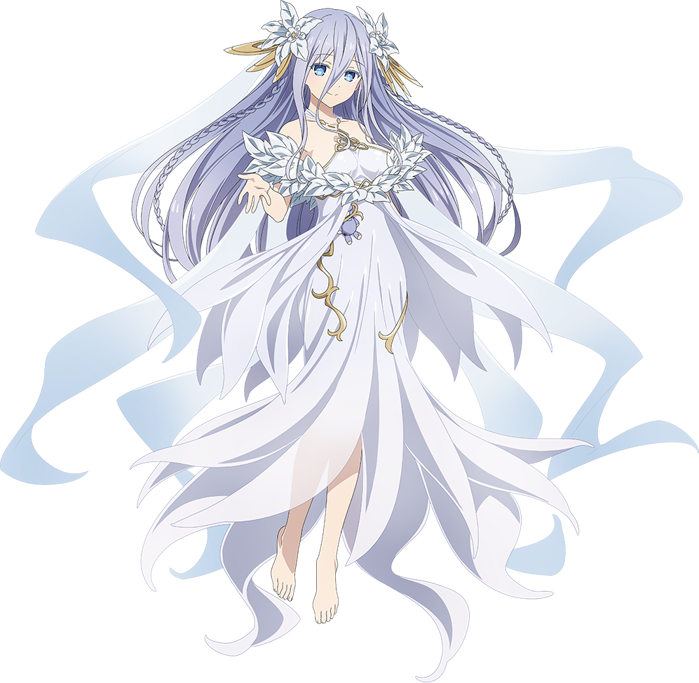 1girl bare_shoulders barefoot braid breasts date_a_live dress full_body grey_hair hair_between_eyes hair_ornament long_hair looking_at_viewer official_art smile solo stuffed_animal stuffed_toy tachi-e takamiya_mio transparent_background twin_braids white_dress
