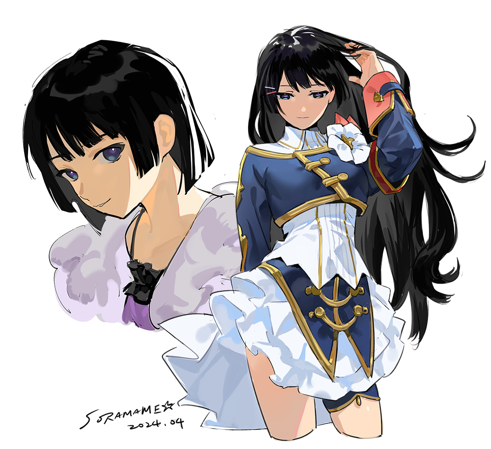 1girl arm_behind_back artist_name bangs_pinned_back black_hair blue_jacket closed_mouth cropped_jacket cropped_legs dated flower hair_ornament hairclip hand_in_own_hair hand_up jacket layered_skirt legs_apart long_sleeves looking_at_viewer looking_down multiple_views nijisanji pleated_skirt shirt short_hair simple_background skirt sleeve_cuffs smile soramame_(corndog) tsukino_mito violet_eyes virtual_youtuber white_background white_flower white_shirt white_skirt