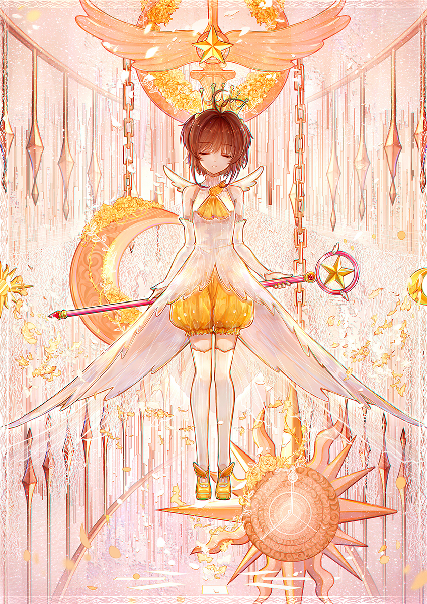 1girl angel_wings antenna_hair bai_qi-qsr bare_shoulders bloomers brown_hair cardcaptor_sakura chain closed_eyes commentary_request crescent_moon crown dress elbow_gloves eyeshadow flower full_body gloves gold_chain halter_dress halterneck highres holding holding_staff kinomoto_sakura magical_girl makeup mary_janes mixed-language_commentary moon orange_background orange_eyeshadow parted_lips petals rose rose_petals shoes short_hair solo staff star_(symbol) straight-on sun_symbol thigh-highs turtleneck_dress weapon_behind_back white_dress white_gloves white_thighhighs winged_footwear wings yellow_bloomers yellow_crown yellow_flower yellow_footwear yellow_rose
