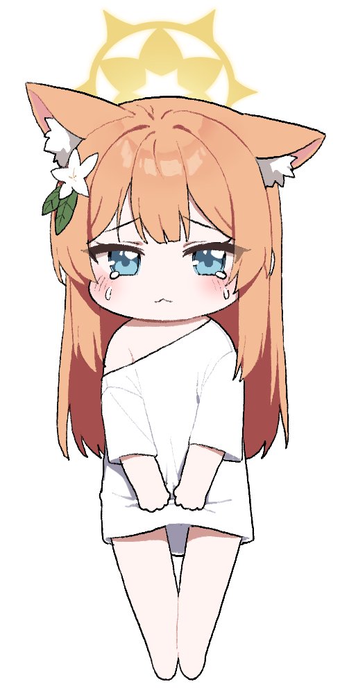 animal_ears blue_eyes blush cat_ears chibi crying crying_with_eyes_open hair_ornament halo holding holding_clothes looking_at_viewer mari_(blue_archive) myeolchi orange_hair pout shirt single_bare_shoulder t-shirt tears white_background white_shirt yellow_halo