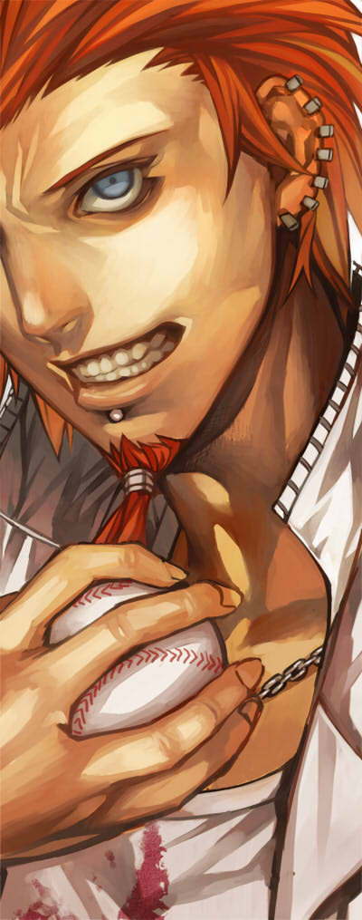 1boy ball baseball beard blue_eyes chain_necklace collared_jacket commentary_request danganronpa:_trigger_happy_havoc danganronpa_(series) ear_piercing facial_hair fingernails goatee grin high_collar holding holding_ball irohara_mitabi jacket jewelry kuwata_leon lip_piercing looking_at_viewer male_focus multiple_piercings necklace open_clothes open_jacket piercing redhead shirt short_hair simple_background smile solo tied_beard upper_body white_background white_jacket white_shirt
