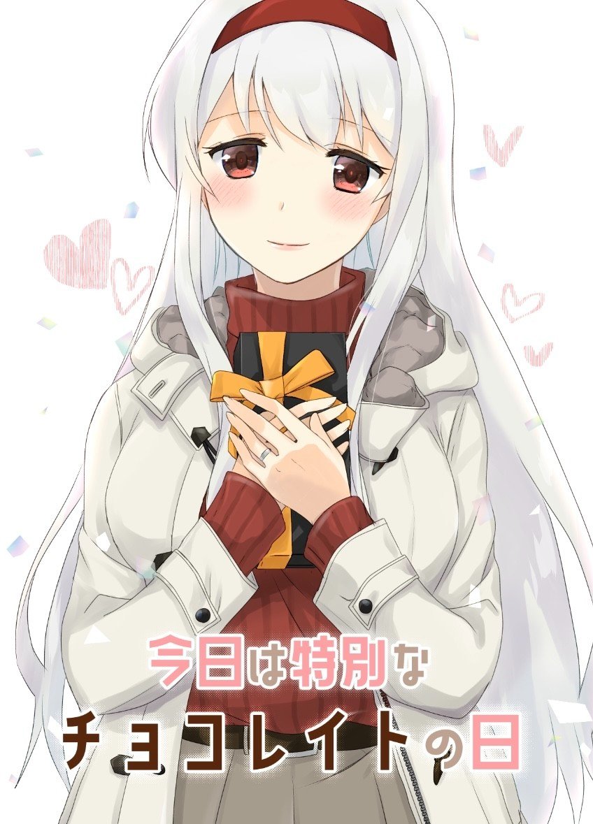 box breasts brown_hair gift gift_box grey_skirt hairband hands_on_own_chest jacket jewelry kantai_collection large_breasts long_hair official_alternate_costume orikoshi_shino red_hairband red_sweater ribbed_sweater ring shoukaku_(kancolle) skirt sweater upper_body wedding_ring white_hair white_jacket