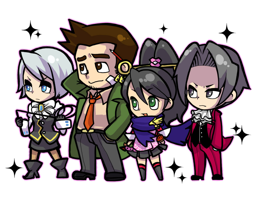2boys 2girls ace_attorney ace_attorney_investigations ace_attorney_investigations:_miles_edgeworth arm_behind_head arms_at_sides ascot bandage_on_face bandages black_footwear black_gloves black_skirt black_vest blue_eyes blue_scarf bow brown_eyes brown_hair brown_pantyhose chibi chibi_only closed_mouth collared_shirt dick_gumshoe facial_hair franziska_von_karma full_body gloves goatee_stubble green_eyes green_jacket grey_eyes grey_footwear grey_hair grey_pants grey_skirt holding holding_whip jacket juliet_sleeves kay_faraday kotorai long_hair long_sleeves miles_edgeworth mole mole_under_eye multiple_boys multiple_girls open_mouth outline pants pantyhose pencil_behind_ear pink_outline ponytail puffy_sleeves red_gloves red_jacket red_pants scarf shirt shoes short_hair skirt sparkle stubble vest whip white_bow white_shirt