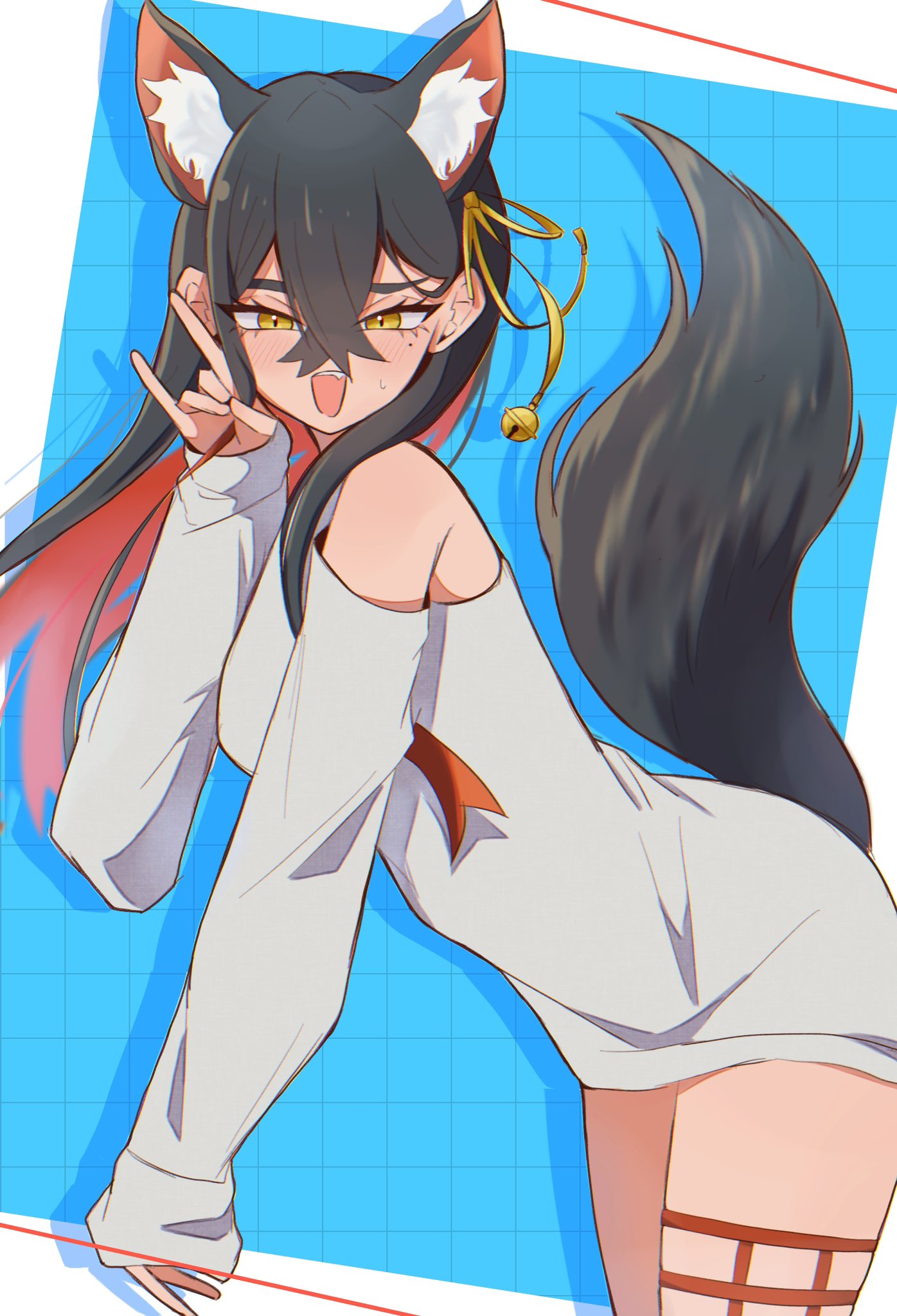 1girl :d \m/ animal_ear_fluff black_hair blue_background blush border carmine_(pokemon) colored_inner_hair commentary_request crossed_bangs eyelashes grey_shirt grid_background hair_between_eyes hasu_175 highres kemonomimi_mode leaning_forward looking_at_viewer mole mole_under_eye multicolored_hair open_mouth outside_border pokemon pokemon_sv redhead shirt simple_background sleeves_past_wrists smile solo sweat tail two-tone_hair white_border yellow_eyes