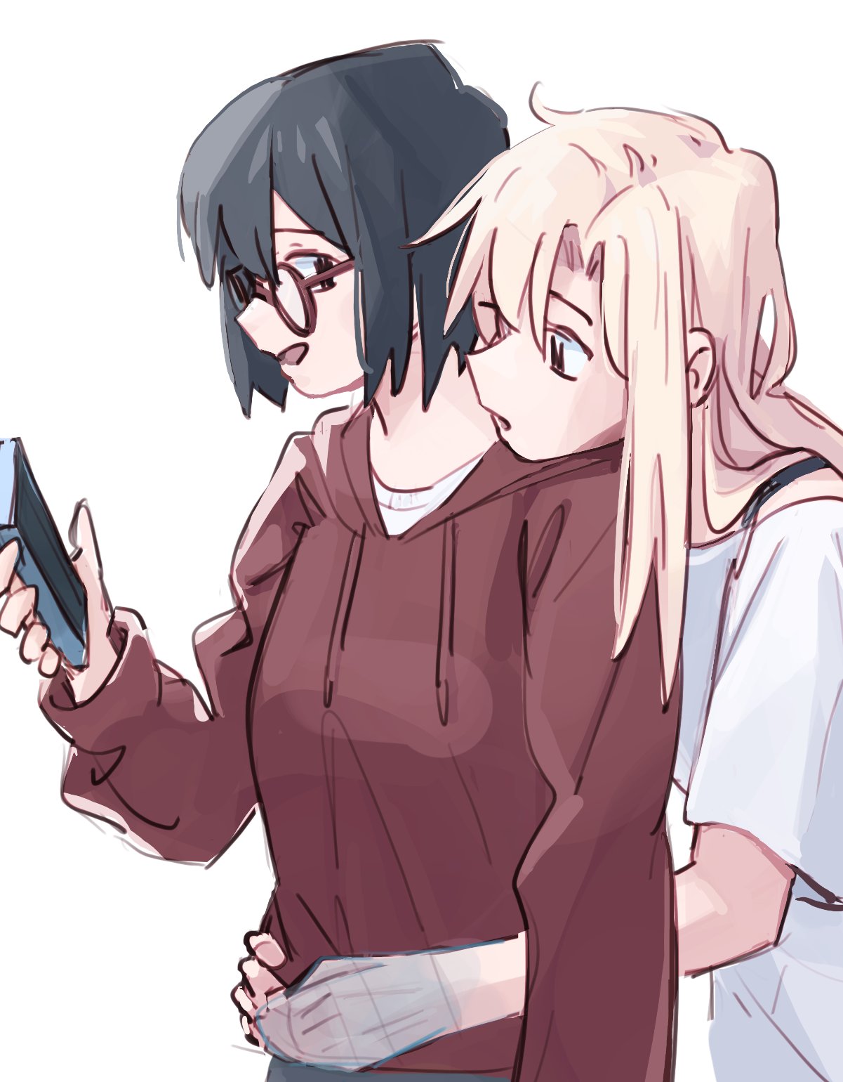 arm_around_waist black_hair blonde_hair brown_eyes commentary drawstring egakuning english_commentary glasses hand_on_another's_shoulder highres holding holding_phone hood hoodie kamikoshi_sorawo long_hair looking_at_another nishina_toriko open_mouth phone photo-referenced red_hoodie shirt short_hair short_sleeves simple_background smile transparent_hand urasekai_picnic white_background white_shirt