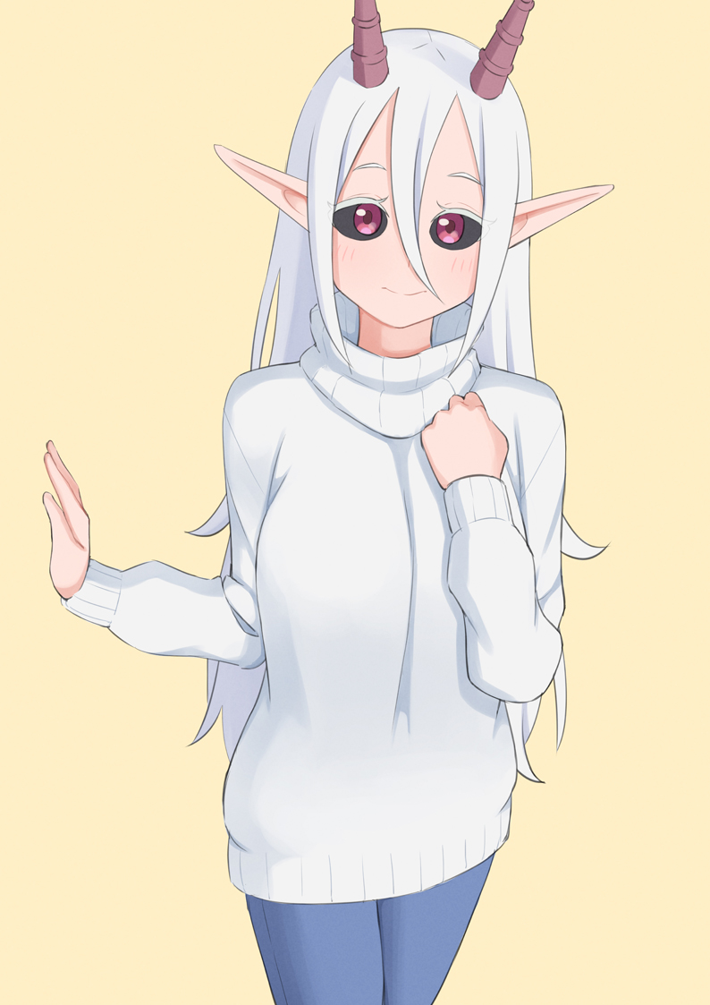 1girl bad_leg black_sclera blue_pants blush clenched_hand colored_sclera easy_(aqk7bdqt) hair_between_eyes hand_up hime-sama_"goumon"_no_jikan_desu horns invisible_wall long_hair long_sleeves looking_at_viewer lulune_(himesama_goumon) pants pink_eyes pointy_ears simple_background smile solo standing sweater very_long_hair white_hair white_sweater yellow_background