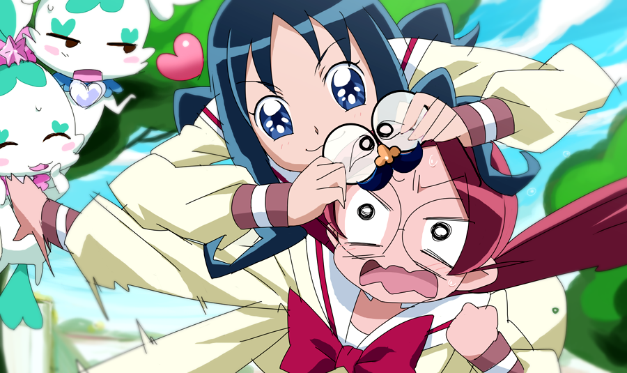 2girls :3 afterimage blue_eyes blue_hair blue_sky bow bowtie chypre_(heartcatch_precure!) clenched_hand closed_mouth clouds coffret_(heartcatch_precure!) collared_shirt day dress eyelashes furrowed_brow glasses groucho_glasses hanasaki_tsubomi heart heartcatch_precure! holding holding_removed_eyewear kurumi_erika long_hair maeashi motion_blur motion_lines multiple_girls myoudou_gakuen_middle_school_uniform o_o open_mouth outdoors panicking pink_hair precure red_bow red_bowtie sailor_collar school_uniform shirt short_dress sky smile sweat tree unworn_eyewear upper_body v-shaped_eyebrows waving_arm wavy_mouth white_sailor_collar wide_sleeves yellow_shirt
