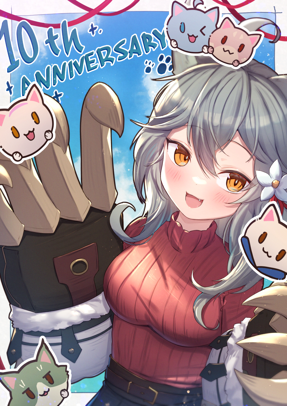 1girl :d ahoge animal_ears anniversary belt belt_buckle black_belt black_skirt blue_sky blush breasts buckle claw_(weapon) clouds commentary_request fang granblue_fantasy grey_hair hair_between_eyes high-waist_skirt highres long_hair looking_at_viewer medium_breasts orange_eyes pleated_skirt red_sweater ribbed_sweater sen_(granblue_fantasy) skirt sky smile solo sweater turtleneck turtleneck_sweater uneg weapon