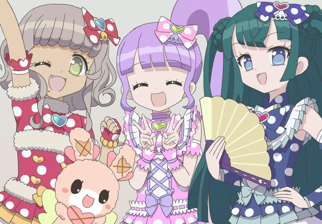 3girls :d ;d arm_up blue_bow blue_eyes blue_shirt blunt_bangs bow brown_hair closed_eyes double_v facing_viewer fang folding_fan green_hair hair_bow hand_fan hand_on_own_hip hands_up holding holding_fan idol_clothes ku_(residual666) long_hair looking_at_viewer manaka_non multiple_girls one_eye_closed open_mouth outstretched_arm pink_bow pink_shirt polka_dot polka_dot_shirt pretty_series pripara purple_hair rabbit red_bow red_shirt shirt short_hair side_ponytail smile standing taiyo_pepper tsukikawa_chili two_side_up upper_body v very_long_hair