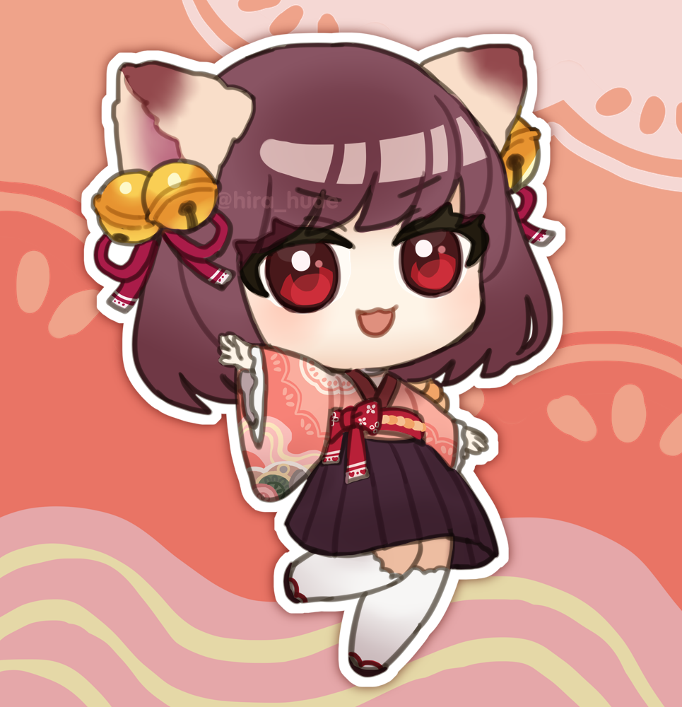 1girl :3 ahoge animal_ears bell bow brown_hair brown_skirt cat_ears cat_girl chibi commentary_request frilled_sleeves frills full_body hair_bell hair_ornament hair_ribbon hirahude ichihime japanese_clothes jingle_bell kimono long_sleeves looking_at_viewer mahjong_soul medium_bangs obi open_mouth outline outstretched_arms pink_background pink_kimono red_bow red_eyes red_ribbon red_sash ribbon sash short_hair skirt solo spread_arms thigh-highs v-shaped_eyebrows waist_bow white_outline white_thighhighs wide_sleeves