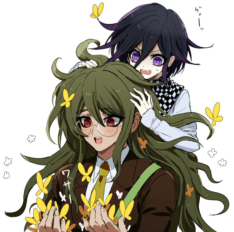 2boys arm_belt belt black_scarf brown_jacket brown_sleeves bug butterfly butterfly_on_hand butterfly_on_head checkered_clothes checkered_scarf coattails collared_jacket collared_shirt colored_tips commentary_request danganronpa_(series) danganronpa_v3:_killing_harmony dark-skinned_male dark_skin fingernails frown glasses gokuhara_gonta green_hair green_necktie hair_between_eyes hands_on_another's_head jacket long_hair long_sleeves male_focus messy_hair multicolored_hair multiple_boys necktie oma_kokichi open_mouth pale_skin purple_hair red_eyes round_eyewear scarf shirt short_hair simple_background sleeves_past_wrists smile sweatdrop tamaon teeth two-tone_scarf upper_body upper_teeth_only v-shaped_eyebrows very_long_hair violet_eyes white_background white_belt white_jacket white_scarf white_shirt white_sleeves yellow_butterfly
