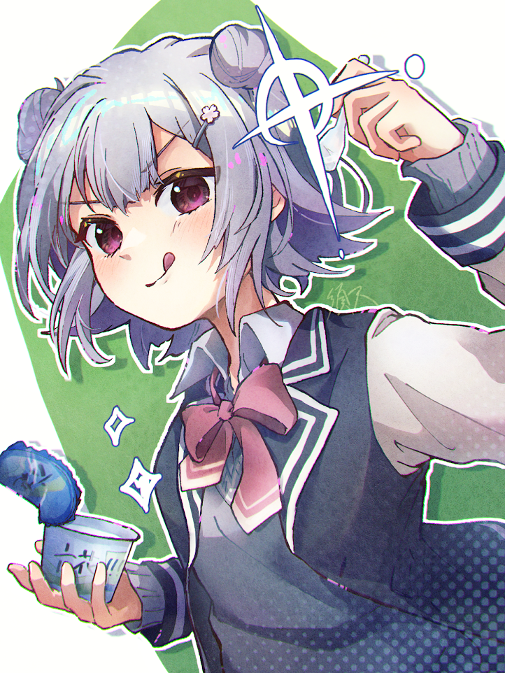 1girl black_jacket blazer blush bow bowtie cevio closed_mouth collared_shirt cup double_bun green_background grey_hair grey_sweater_vest hair_between_eyes hair_bun hand_up haru1suama holding holding_cup jacket koharu_rikka layered_sleeves long_sleeves looking_at_viewer multicolored_clothes multicolored_jacket open_clothes open_jacket outline pink_bow pink_bowtie shirt short_hair smile solo sparkle sweater_vest synthesizer_v tongue tongue_out two-tone_jacket upper_body v-shaped_eyebrows white_background white_jacket white_outline white_shirt white_trim