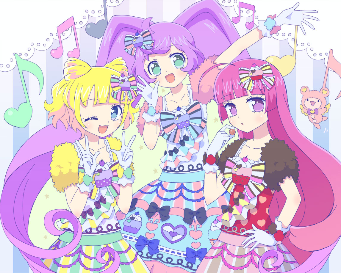 3girls :d ;d ahoge arm_up blonde_hair blue_dress blue_eyes blunt_bangs bow commentary_request cone_hair_bun cowboy_shot cupcake double_bun double_w dress food fruit gloves green_dress green_eyes hair_bow hair_bun hand_on_own_hip hand_up hands_up heart heart_print hojo_sophy holding holding_food idol_clothes ku_(residual666) kuma_(pripara) long_hair looking_at_viewer manaka_laala minami_mirei multicolored_clothes multicolored_dress multiple_girls musical_note one_eye_closed open_mouth outstretched_arm pink_hair pretty_series print_dress pripara purple_hair short_hair short_sleeves smile standing twintails umeboshi very_long_hair w white_gloves