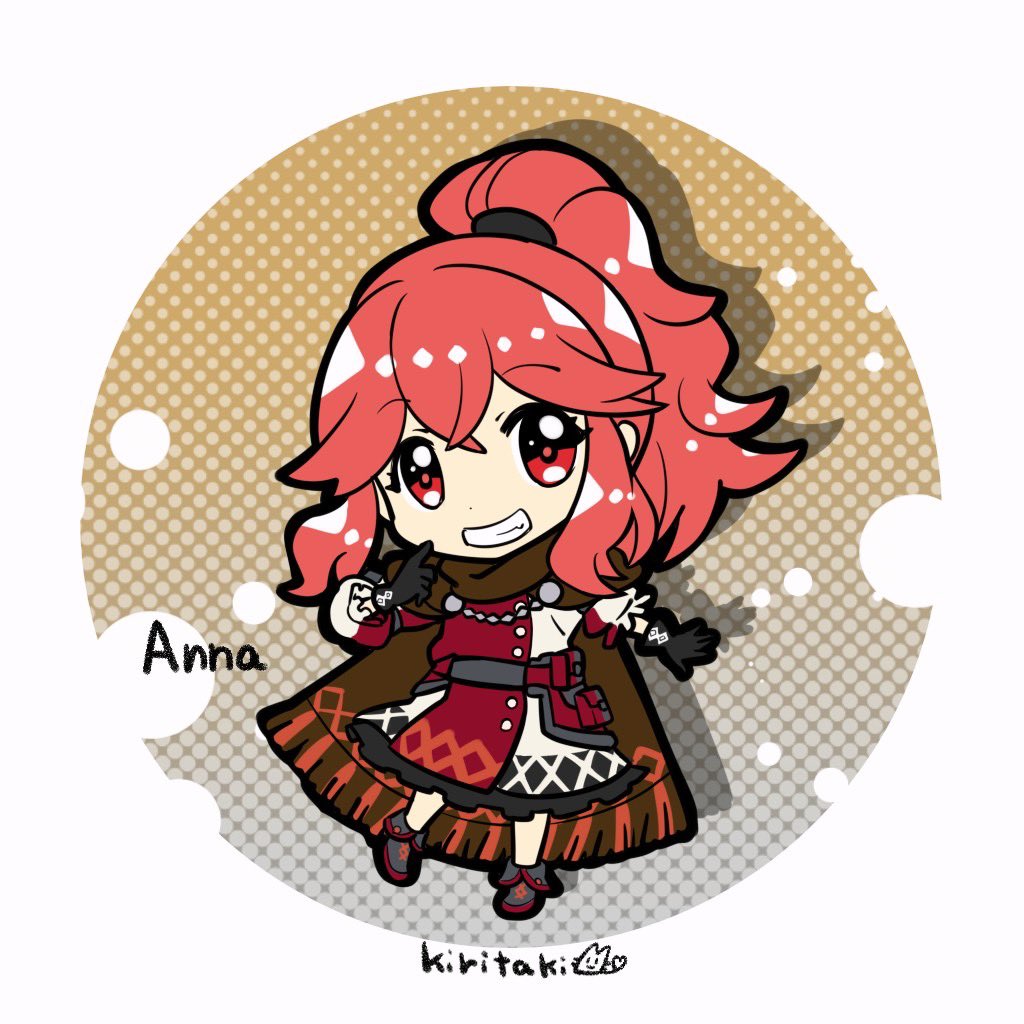 1girl anna_(fire_emblem) artist_name black_gloves brown_cape cape character_name chibi chibi_only crossed_bangs dress fire_emblem fire_emblem_engage gloves kiritaki long_hair looking_at_viewer ponytail red_dress red_eyes redhead smile solo teeth two-tone_dress white_dress