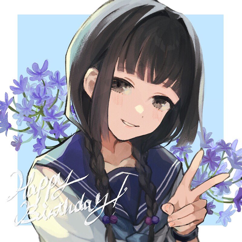 1girl :d a34403178 amemori_sayo arm_at_side black_eyes black_hair blue_background blue_sailor_collar blush border braid collarbone grin hair_intakes hair_ornament hair_over_shoulder hand_up happy_birthday long_hair looking_at_viewer low_twin_braids nijisanji open_mouth outside_border portrait sailor_collar school_uniform shirt short_sleeves sidelocks simple_background smile solo teeth twin_braids v virtual_youtuber watch watch white_border white_shirt