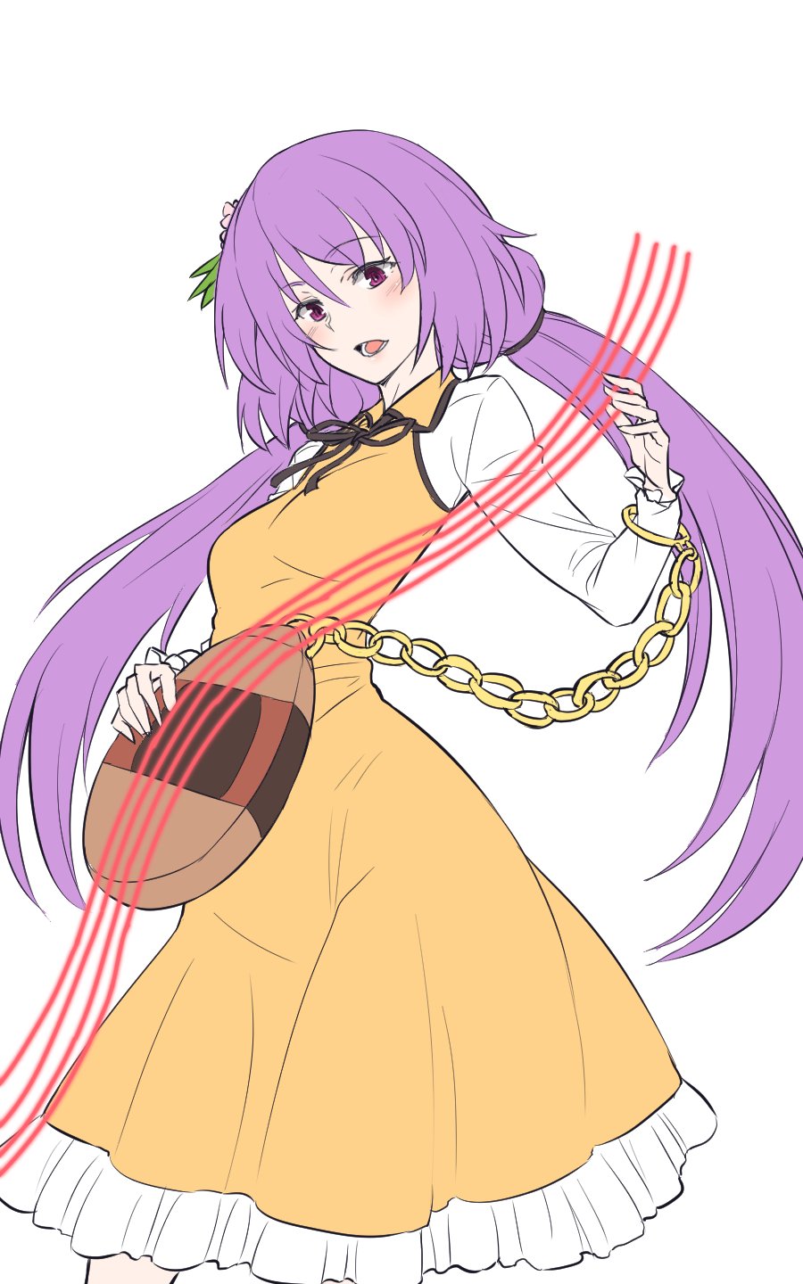 1girl biwa_lute chain commentary dress hair_ornament highres instrument kakone long_hair long_sleeves looking_at_viewer lute_(instrument) one-hour_drawing_challenge open_mouth purple_hair simple_background solo touhou tsukumo_benben twintails violet_eyes yellow_dress