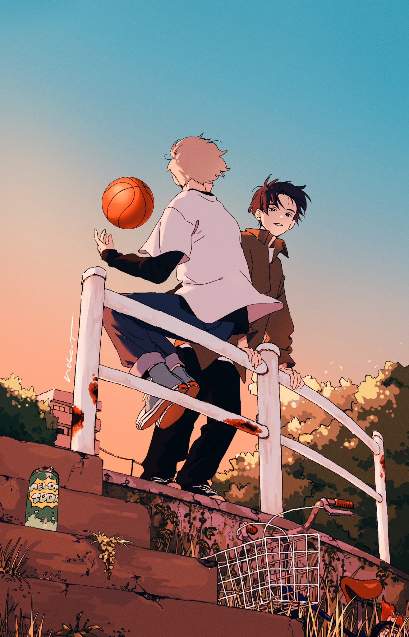 2boys all_nobori arm_support artist_name ball basketball_(object) bicycle black_eyes black_shirt can collarbone denim drink_can floating_clothes floating_hair grass highres jeans layered_sleeves long_sleeves male_focus multiple_boys on_railing original pants pants_rolled_up railing rust shirt shoes short_hair short_over_long_sleeves short_sleeves sitting sneakers soda_can stairs standing sunset white_shirt