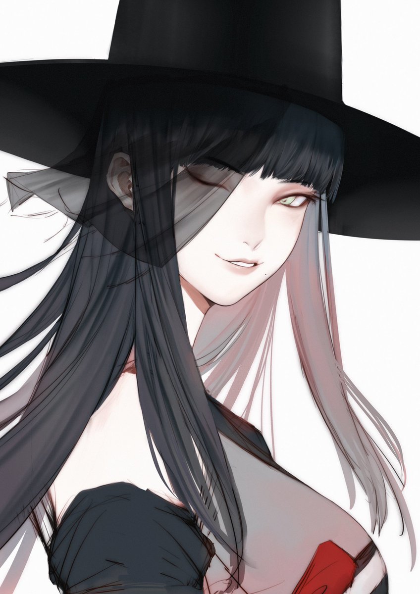1girl alternate_costume bad_id bad_twitter_id black_hair black_hat blunt_bangs chinese_commentary commentary_request final_fantasy final_fantasy_xiv from_side green_eyes hat highres hyur long_hair looking_at_viewer mole mole_under_mouth one_eye_closed parted_lips portrait simple_background smile solo straight_hair top_hat unfinished veil white_background yotsuyu_goe_brutus zhaoyang2002