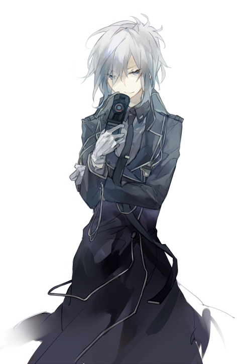 1boy black_jacket black_necktie blue_eyes cellphone commentary_request devil_survivor devil_survivor_2 flip_phone gloves grey_gloves grey_hair grey_shirt holding holding_phone houtsuin_yamato jacket long_sleeves looking_at_viewer male_focus military military_uniform necktie phone shirt shrie simple_background smile solo standing uniform white_background