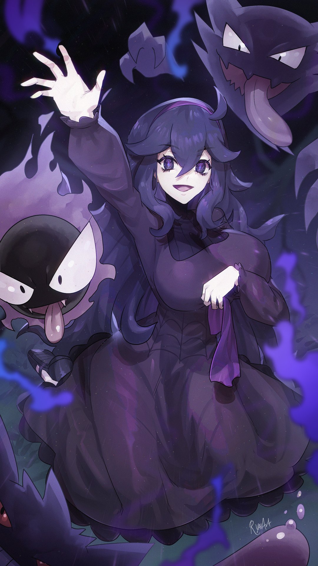 1girl arm_up black_dress black_footwear breasts dress gastly ghost hairband haunter hex_maniac_(pokemon) highres kneeling large_breasts long_hair night on_grass open_mouth pokemon pokemon_(creature) pokemon_xy purple_dress purple_hair purple_hairband ryairyai sandals signature tongue tongue_out violet_eyes