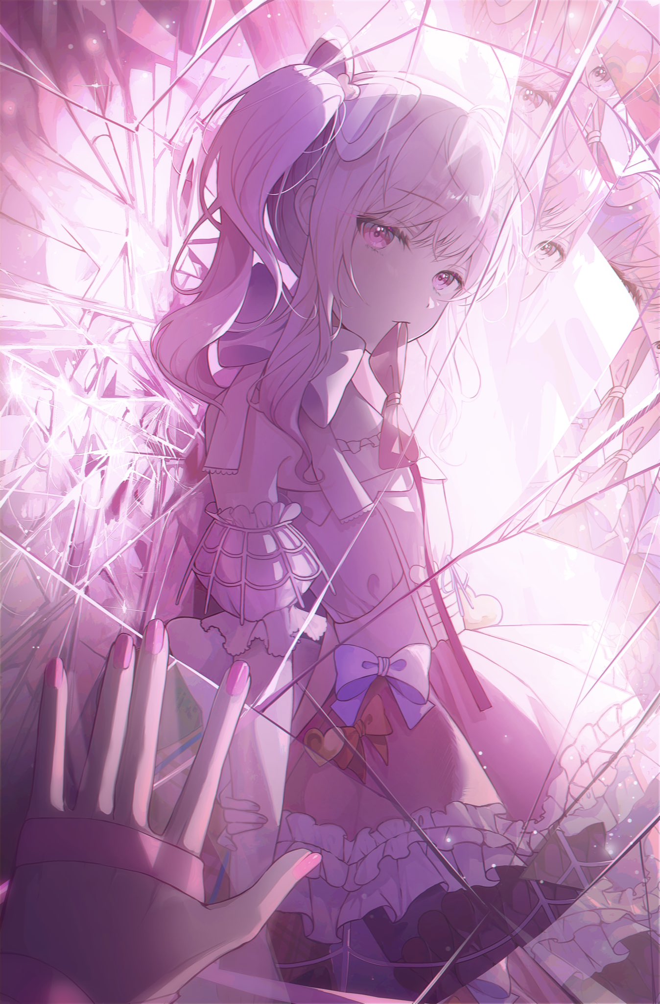 1other \||/ akiyama_mizuki arms_behind_back bow crack cracked_glass detached_sleeves dress frilled_dress frills hand_on_mirror highres looking_at_viewer medium_hair misin322 mouth_hold pink_bow pink_eyes pink_nails pink_ribbon pov pov_hands project_sekai ribbon short_sleeves sidelocks sleeveless sleeveless_dress solo twintails