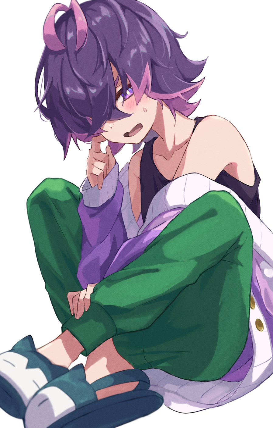 1girl 82hanico blurry blush bright_pupils buttons cardigan collarbone commentary_request dot_(pokemon) green_pants hair_over_one_eye hand_up highres long_sleeves off_shoulder pants pokemon pokemon_(anime) pokemon_horizons purple_cardigan purple_hair shirt sitting sleeveless sleeveless_shirt slippers solo sweatdrop tank_top violet_eyes white_background white_pupils