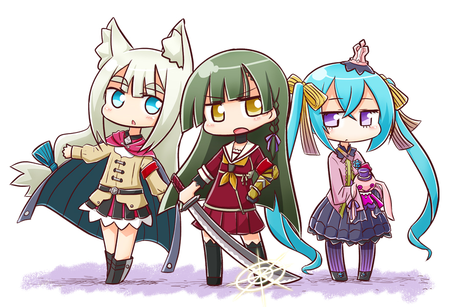 3girls 7th_dragon_(series) 7th_dragon_2020 :o animal_ear_fluff animal_ears asymmetrical_sleeves black_footwear black_gloves black_skirt black_thighhighs blue_bow blue_cape blue_eyes blue_hair boots bow braid brown_eyes brown_jacket brown_neckerchief cape chelsea_(7th_dragon) chibi chitrine_(7th_dragon) closed_mouth commentary_request crown elbow_gloves gloves green_hair grey_hair hacker_(7th_dragon) hair_bow hair_ribbon hand_on_own_hip holding holding_stuffed_toy holding_sword holding_weapon jacket katana long_hair long_sleeves lucier_(7th_dragon) mini_crown multiple_girls naga_u neckerchief open_mouth pantyhose parted_lips pink_jacket pleated_skirt puffy_long_sleeves puffy_sleeves purple_pantyhose purple_ribbon red_serafuku red_shirt red_skirt ribbon sailor_collar samurai_(7th_dragon_series) school_uniform serafuku shirt shoes short_eyebrows simple_background single_glove skirt sleeves_past_fingers sleeves_past_wrists striped_bow striped_clothes striped_pantyhose stuffed_animal stuffed_rabbit stuffed_toy sword thick_eyebrows thigh-highs twintails vertical-striped_clothes vertical-striped_pantyhose very_long_hair violet_eyes weapon white_background white_sailor_collar yellow_bow