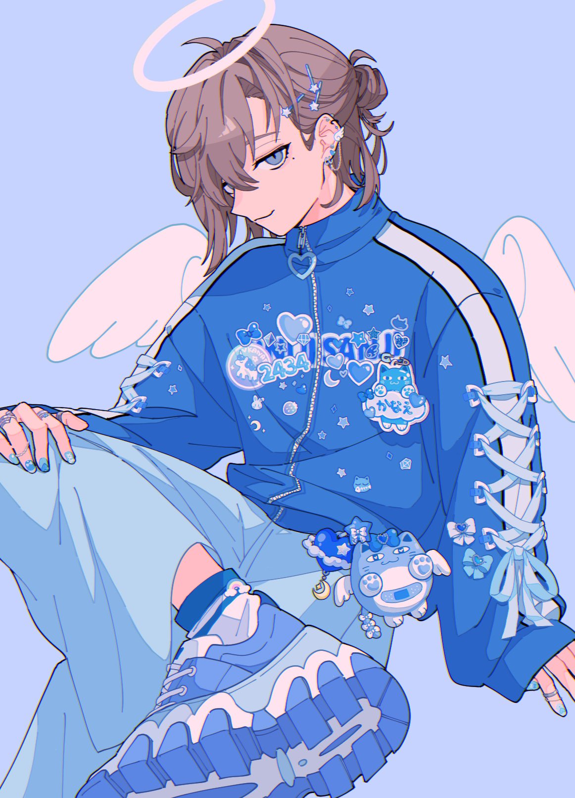 1boy angel_wings blue_background blue_eyes blue_footwear blue_jacket blue_nails blue_pants brown_hair charm_(object) closed_mouth criss-cross_strings ear_piercing hair_bun hair_ornament hair_up hairclip halo hand_on_ground highres invisible_chair jacket jewelry kanae_(nijisanji) male_focus messy_hair mole mole_under_eye multiple_rings nasi_w2 nijisanji pants piercing print_jacket ring shoes sitting sleeves_past_wrists smile sneakers solo track_jacket white_wings wings zipper