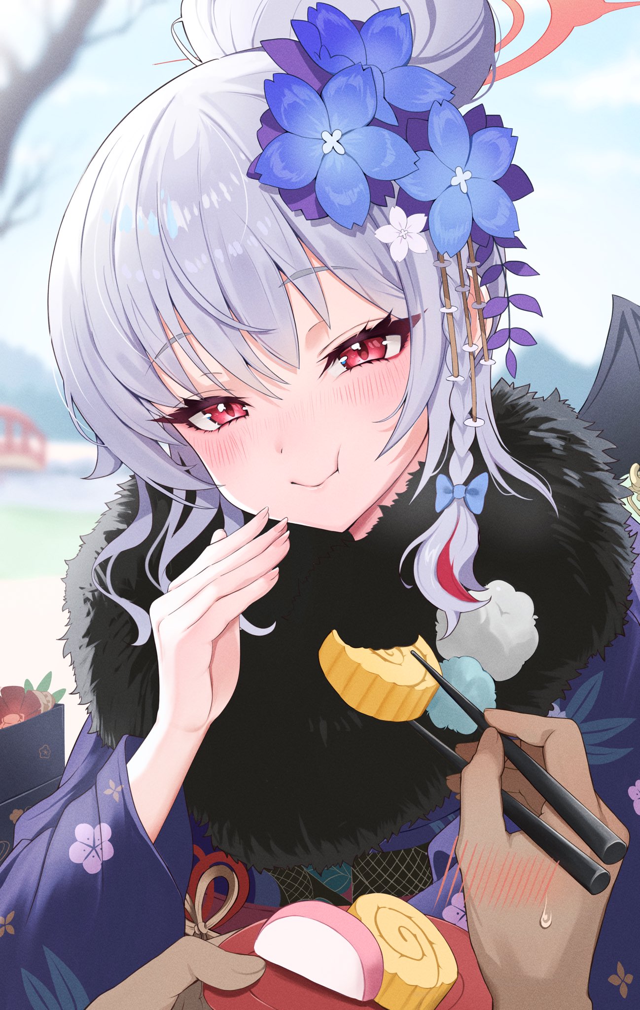 1boy 1girl black_scarf blue_archive blurry blush braid chopsticks commentary_request demon_girl demon_wings depth_of_field dual_wielding eating feeding flower food fur_scarf grey_hair hair_between_eyes hair_bun hair_flower hair_ornament halo hand_on_own_cheek hand_on_own_face haruna_(blue_archive) haruna_(new_year)_(blue_archive) head_tilt highres holding holding_chopsticks holding_plate japanese_clothes juubako kamaboko kimono long_hair long_sleeves looking_at_viewer multicolored_hair official_alternate_costume official_alternate_hairstyle omelet out_of_frame outdoors pineap000 plate pov pov_hands red_eyes scarf sensei_(blue_archive) sidelocks single_braid single_hair_bun single_wing smile solo streaked_hair tamagoyaki two-tone_hair wide_sleeves wings