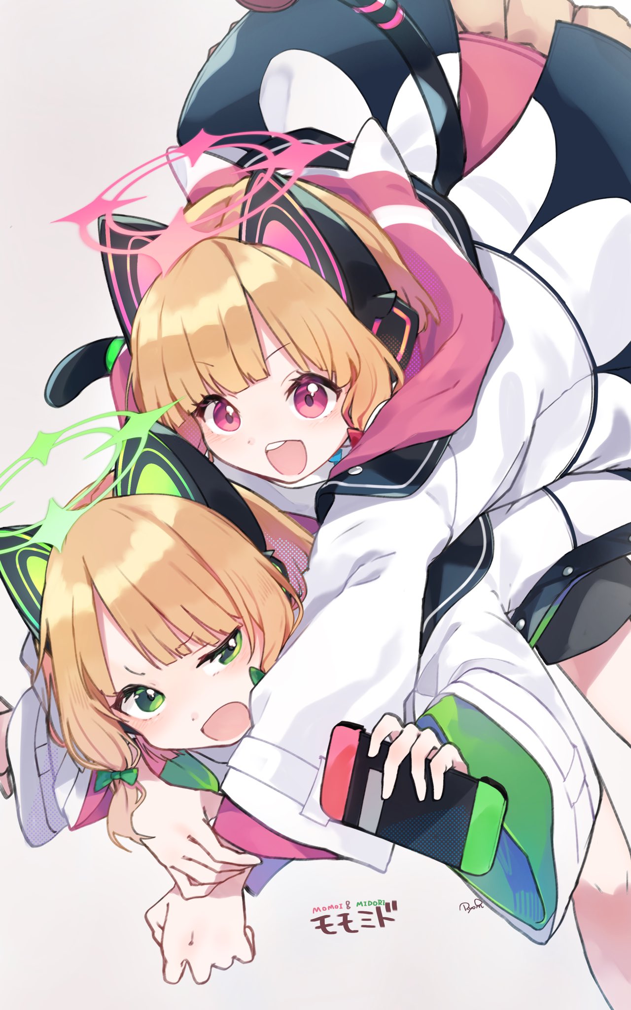 2girls animal_ear_headphones animal_ears black_shorts blonde_hair blue_archive blush bow fake_animal_ears green_eyes green_halo hair_bow halo handheld_game_console headphones highres holding holding_handheld_game_console jacket long_sleeves midori_(blue_archive) momoi_(blue_archive) multiple_girls open_mouth pink_halo red_bow red_eyes ryo_(ryo_skrdi) short_hair shorts siblings signature sisters smile twins white_jacket wide_sleeves