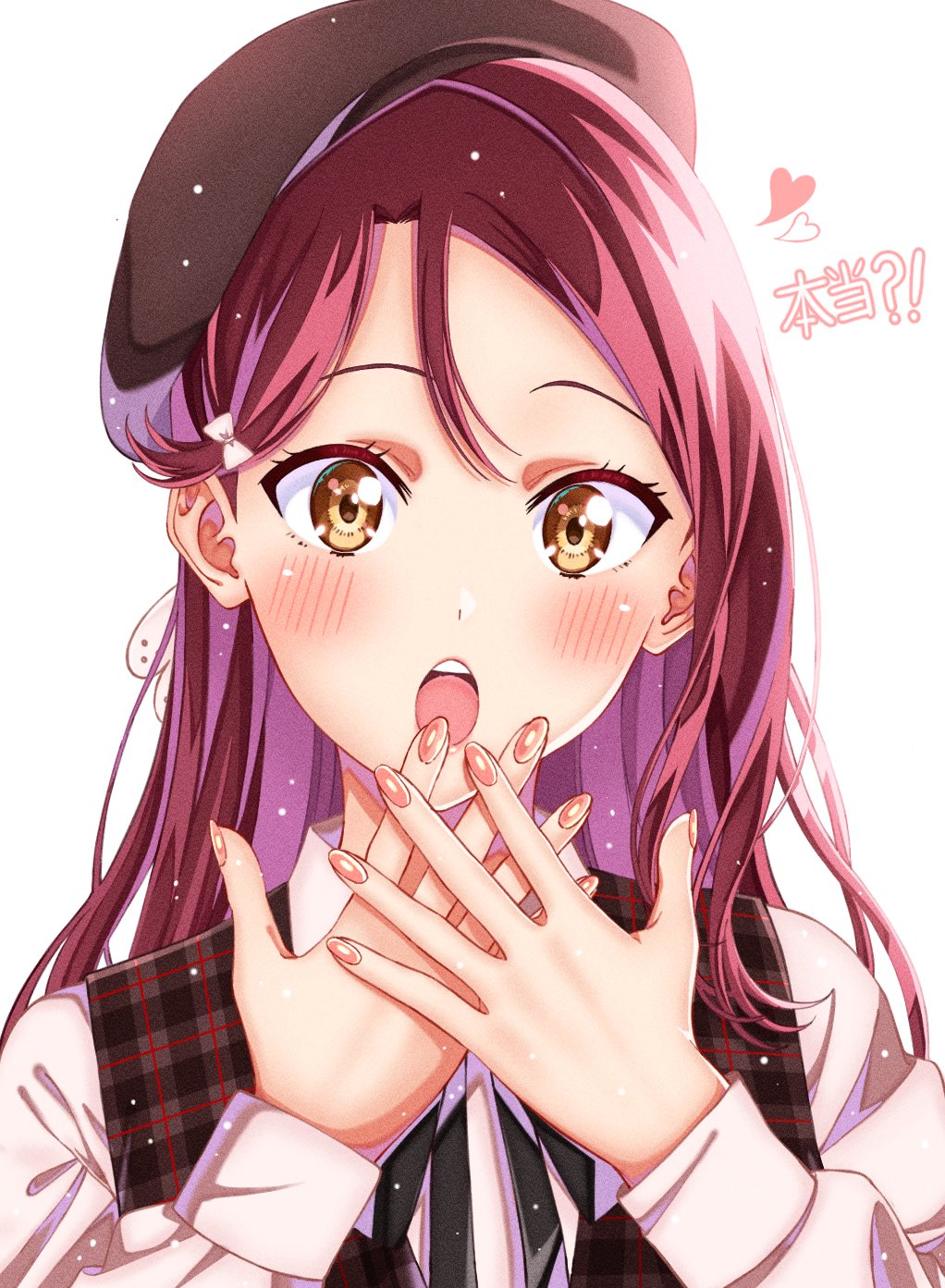 1girl :o beret black_ribbon blush bow commentary_request fingernails hair_bow hair_ornament hat heart highres long_hair looking_at_viewer love_live! love_live!_sunshine!! ojyomu open_mouth pink_nails plaid redhead ribbon sakurauchi_riko shirt simple_background solo teeth translation_request vest white_background yellow_eyes