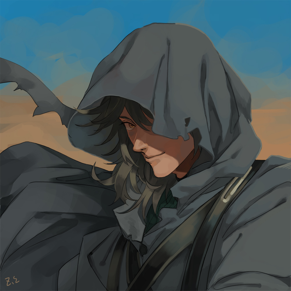 1boy blue_sky chinese_commentary clear_sky cloak closed_mouth commentary_request dated_commentary desert grey_cloak grey_hair hair_between_eyes hood hood_up hooded_cloak long_bangs looking_at_viewer male_focus medium_hair orange_eyes outdoors ragnarok_online shaded_face shadow_cross_(ragnarok_online) signature sky smile solo upper_body z.i