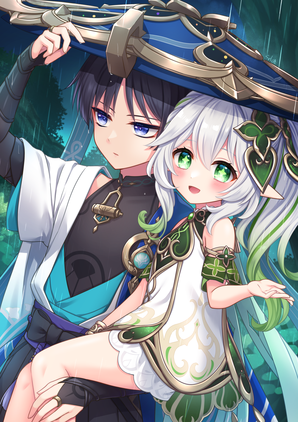 1boy 1girl :d adjusting_clothes adjusting_headwear black_hair blue_eyes blurry bracelet bridal_gauntlets cape carrying carrying_person clouds cloudy_sky commentary_request depth_of_field detached_sleeves dress genshin_impact gradient_hair green_cape green_eyes hair_between_eyes hair_ornament hat highres japanese_clothes jewelry jingasa leaf_hair_ornament long_hair looking_at_viewer multicolored_hair nahida_(genshin_impact) necklace outdoors pointy_ears rain scaramouche_(genshin_impact) short_sleeves side_ponytail sidelocks sitting sitting_on_person sky smile stardrop stirrup_legwear streaked_hair symbol-shaped_pupils toeless_legwear two-tone_hair wanderer_(genshin_impact) white_dress white_hair