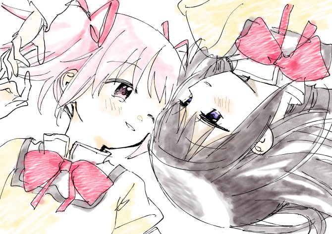 2girls akemi_homura black_hair black_hairband bow bowtie collar collared_shirt hair_ribbon hair_spread_out hairband hand_on_hand high_collar kaname_madoka light_blush long_hair looking_at_another lying mahou_shoujo_madoka_magica mahou_shoujo_madoka_magica_(anime) mitakihara_school_uniform multiple_girls no+bi= on_back one_eye_closed open_mouth pink_eyes pink_hair puffy_sleeves red_bow red_bowtie red_ribbon ribbon school_uniform shirt short_hair short_twintails simple_background sketch smile twintails upper_body violet_eyes white_background white_collar yellow_shirt yellow_sleeves