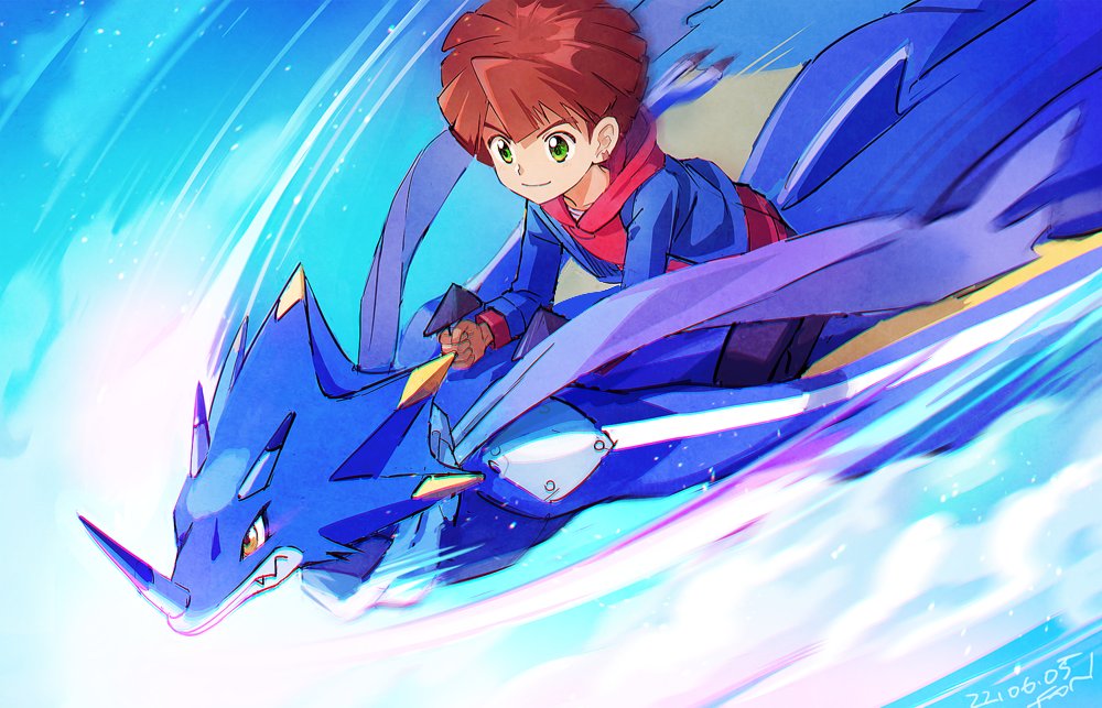 1boy amanokawa_hiro blue_jacket brown_hair closed_mouth dated digimon digimon_(creature) digimon_ghost_game earrings fang fon-due_(fonfon) green_eyes hood hood_down hooded_sweater horns jacket jewelry kausgammamon male_focus motion_lines red_sweater riding short_hair signature smile solo sweater yellow_eyes