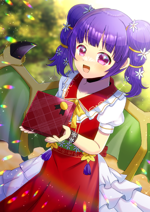 1girl :d blurry blurry_background bow box collared_shirt commentary_request commission depth_of_field dragon_wings fire_emblem fire_emblem:_the_sacred_stones fire_emblem_heroes flower frilled_shirt_collar frills gift gift_box green_wings hair_flower hair_ornament holding holding_gift kou_hiyoyo layered_skirt myrrh_(fire_emblem) myrrh_(valentine)_(fire_emblem) pleated_skirt puffy_short_sleeves puffy_sleeves purple_hair red_shirt shirt short_sleeves skeb_commission skirt sleeveless sleeveless_shirt smile solo twintails violet_eyes white_flower white_skirt wings yellow_bow