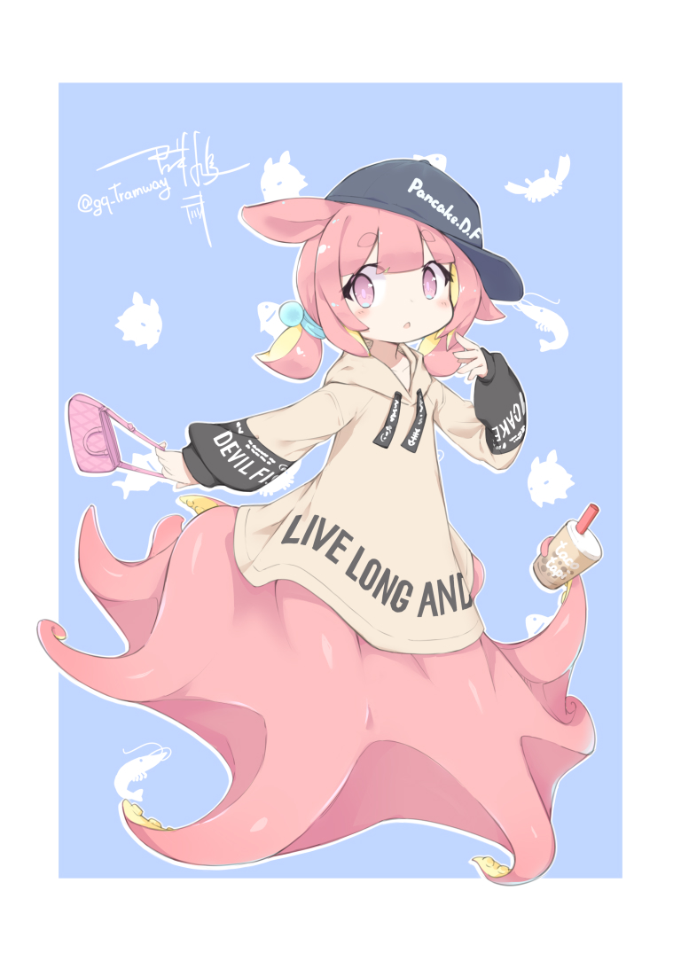 1girl bag baseball_cap blonde_hair blue_background blush colored_skin commentary crab cup english_text flat_chest handbag hat holding holding_cup hood hoodie looking_at_viewer monster_girl murabatodenki octopus original parted_lips pink_eyes pink_hair pink_skin scrunchie shrimp simple_background solo symbol-only_commentary tentacle_hair tentacles two-tone_hoodie yellow_skin