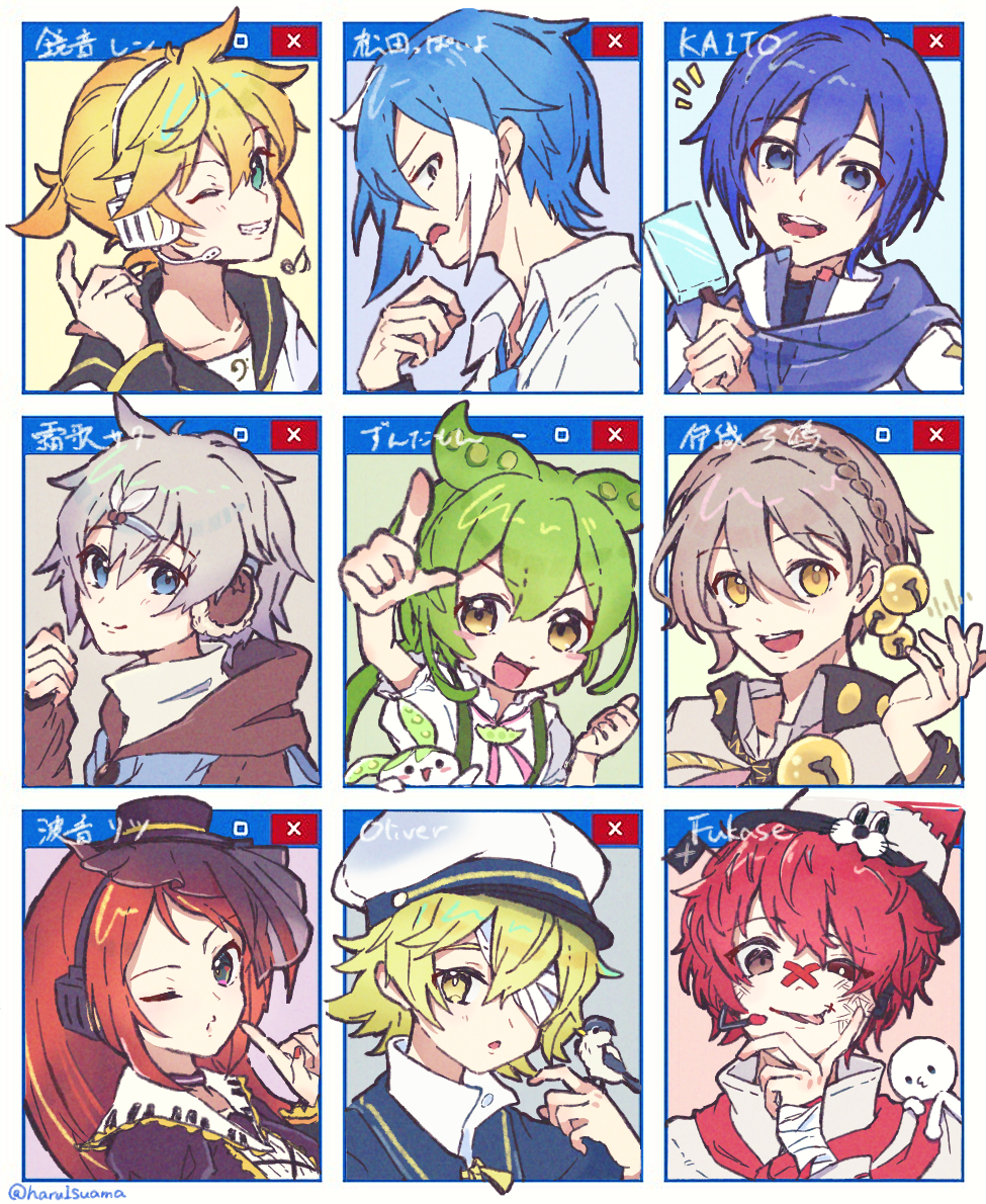 1girl 6+boys animal_hat aqua_background aqua_eyes arm_up bandage_over_one_eye bandaid bandaid_on_face bandaid_on_nose bell bird bird_on_hand black_eyes black_headphones black_hood black_hoodie black_sailor_collar black_sleeves black_veil blonde_hair blue_background blue_eyes blue_hair blue_hoodie blue_necktie blue_sailor_collar blue_scarf blue_shirt braid bright_pupils brown_hair character_name character_request child choker clenched_hand closed_mouth collarbone collared_shirt creature_and_personification crossed_bandaids earmuffs food french_braid from_side fukase green_background green_hair grey_background grey_hair grey_shirt grin hair_behind_ear hair_bell hair_between_eyes hair_ornament hand_up haru1suama hat headset holding holding_food holding_popsicle hood hood_down hoodie index_finger_raised iori_yuzuru james_(vocaloid) kagamine_len kaito_(vocaloid) light_brown_hair long_hair long_sleeves looking_at_viewer matsudappoiyo messy_hair mini_hat mini_top_hat mismatched_pupils mixed-language_text multicolored_hair multiple_boys musical_note nail_polish namine_ritsu neck_ribbon necktie oliver_(vocaloid) one_eye_closed open_mouth otoko_no_ko pink_ribbon point_(vocaloid) pointing pointing_at_self ponytail popsicle purple_background purple_choker purple_hat red_background red_eyes red_nails redhead ribbon sailor_collar sailor_hat scarf shirt short_hair short_ponytail short_sleeves single_braid smile spiky_hair suspenders teeth tongue tongue_out top_hat turtleneck two-tone_hair two-tone_hoodie uneven_eyes upper_body upper_teeth_only utau v-shaped_eyebrows veil vocaloid voiceroid voicevox white_hair white_headphones white_pupils white_shirt window_(computing) yellow_background yellow_eyes yellow_trim zundamon