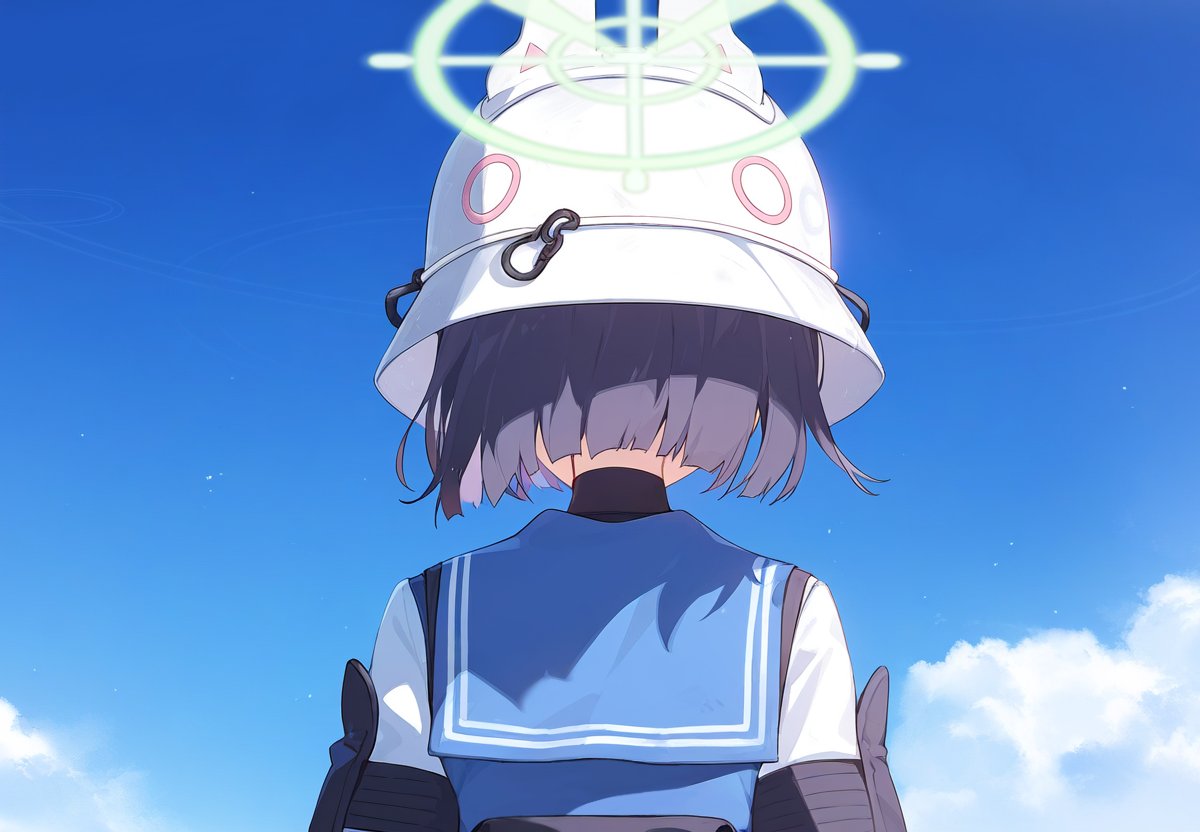 1girl armband black_armband blue_archive blue_hair blue_sailor_collar blue_sky bucket_hat clouds cloudy_sky commentary from_behind green_halo halo hard_hat hat helmet outdoors sailor_collar saki_(blue_archive) short_hair sky solo turtleneck tyureu upper_body white_headwear