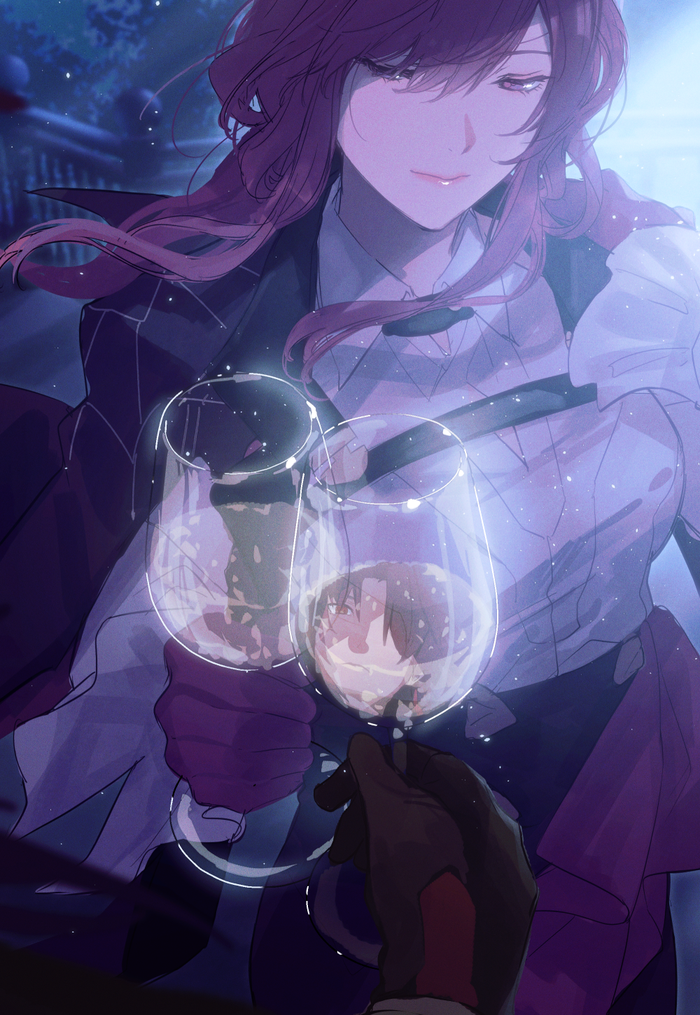 1boy 1girl black_gloves blade_(honkai:_star_rail) breasts closed_mouth coat coat_on_shoulders cup drink fence gloves hair_over_one_eye highres holding holding_cup honkai:_star_rail honkai_(series) kafka_(honkai:_star_rail) large_breasts long_hair long_sleeves looking_at_cup night purple_hair reflection shirt solo_focus toasting_(gesture) violet_eyes white_shirt white_sleeves zassyoku_dd
