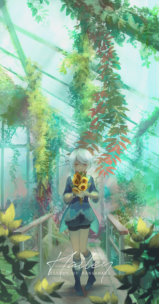1boy ahoge artist_name black_footwear blue_shirt blue_sleeves boots bouquet bracelet bridge character_name closed_eyes closed_mouth collar collared_shirt commentary dappled_sunlight day english_commentary english_text flower full_body garden greenhouse grey_shorts highres holding holding_bouquet jewelry kanlamari kneehighs lace-trimmed_shirt lace_trim leaf light_blush long_sleeves male_focus original plant puffy_short_sleeves puffy_sleeves railing shirt short_hair short_sleeves shorts sleeves_past_elbows smile socks solo straight-on sunflower sunlight watermark white_collar white_hair white_socks yellow_flower