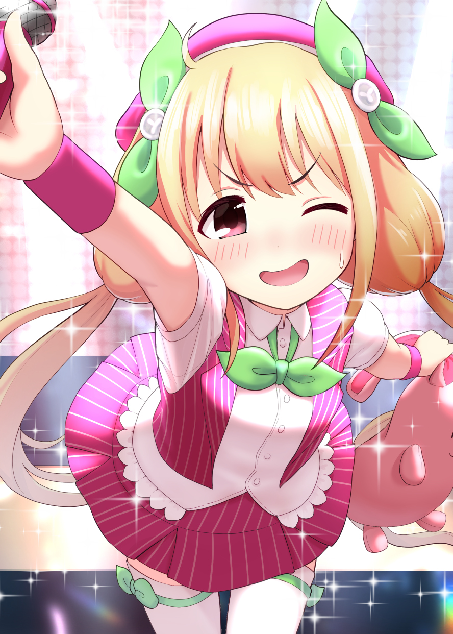 1girl ahoge beret blonde_hair blush bo_(bo) bow bowtie buttons collared_shirt commentary_request cowboy_shot dot_nose futaba_anzu green_bow green_bowtie hair_bow hat highres holding holding_microphone holding_stuffed_toy idol idolmaster idolmaster_cinderella_girls long_hair looking_at_viewer low_twintails microphone nervous_smile one_eye_closed open_mouth outstretched_arms pink_eyes pink_hat pink_skirt pink_vest pink_wristband shirt sidelocks skirt smile solo sparkle striped_clothes striped_skirt striped_vest stuffed_animal stuffed_rabbit stuffed_toy sweat thigh-highs thigh_bow twintails v-shaped_eyebrows vest white_shirt white_thighhighs wristband