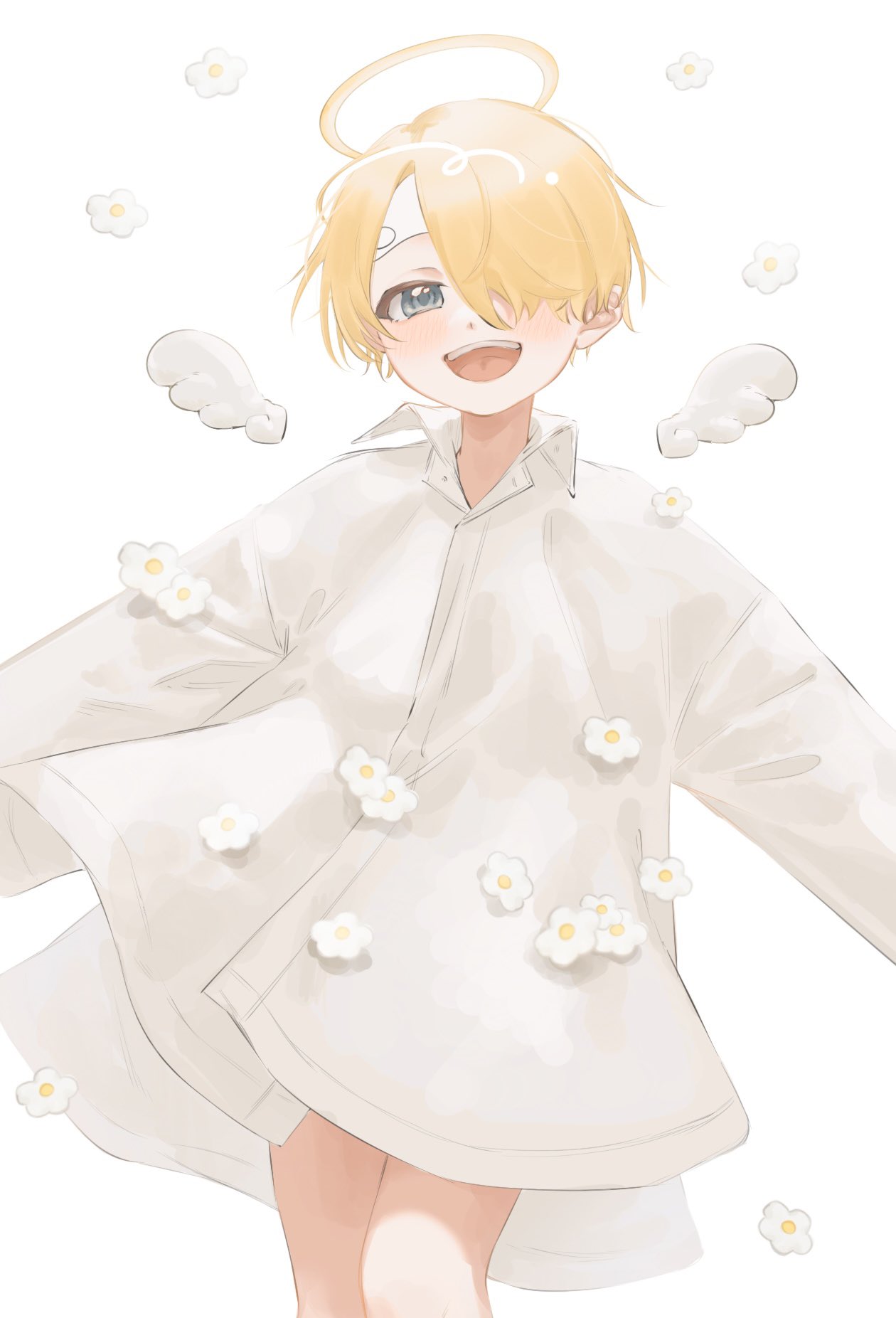 1boy aged_down angel_wings blonde_hair blue_eyes blush collared_shirt commentary cropped_legs curly_eyebrows detached_wings flower hair_over_one_eye halo highres lily-summer-0607 long_bangs male_focus mini_wings no_pants one_piece open_mouth outstretched_arms oversized_clothes oversized_shirt sanji_(one_piece) shirt short_hair simple_background smile symbol-only_commentary teeth upper_teeth_only white_background white_flower wings