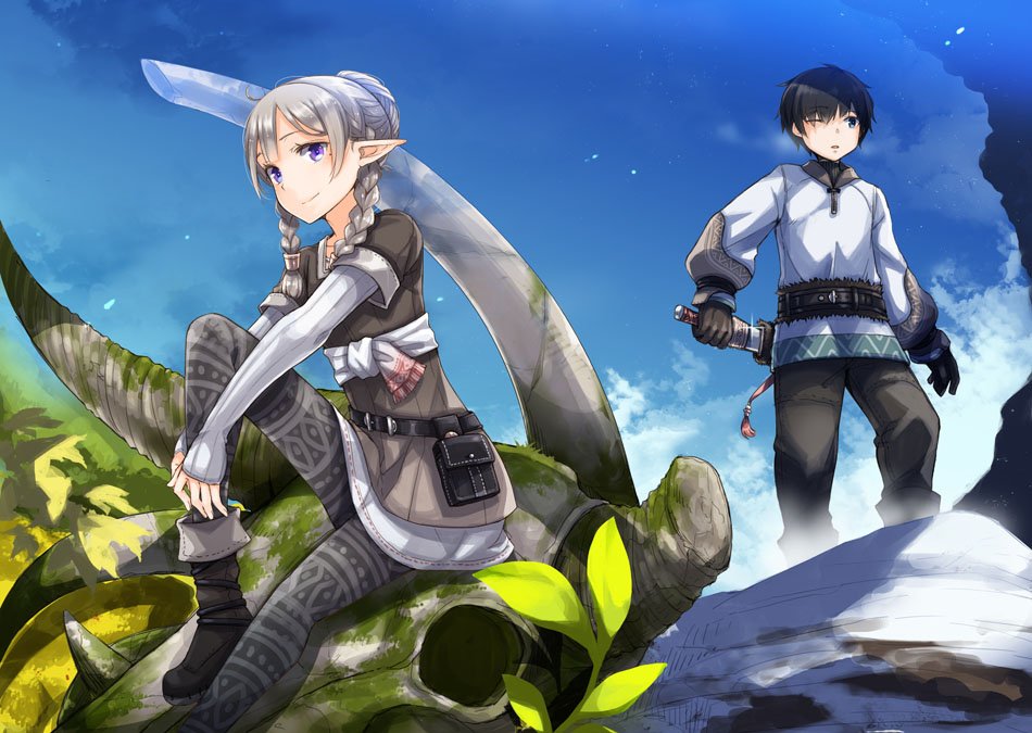1boy 1girl animal_skull ayakura_juu belt black_hair blue_sky boots braid commentary_request dagger day elf fantasy grey_hair holding holding_dagger holding_knife holding_weapon knife long_hair looking_at_viewer looking_to_the_side one_eye_closed original outdoors parted_lips pointy_ears sitting sky smile tunic twin_braids violet_eyes weapon