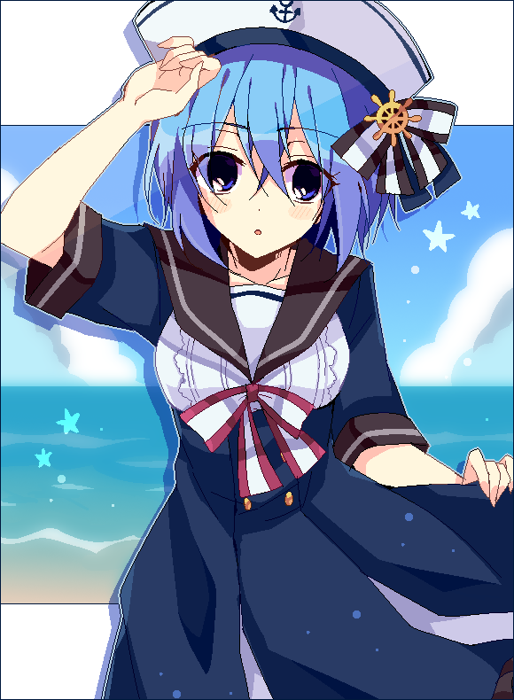 1girl :o alternate_costume anchor_symbol black_sailor_collar blue_dress blue_eyes blue_sky bluestar_iz blush_stickers border bow buttons claire_elford clothes_lift collarbone dress dress_lift hair_between_eyes hand_to_head hat hat_bow jaggy_lines looking_at_viewer open_mouth sailor_collar sailor_dress sailor_hat short_hair sky solo star_(symbol) striped_bow water white_border white_hat witch's_heart