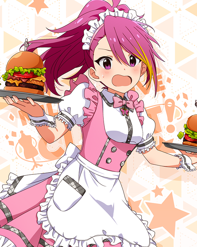 1girl apron asymmetrical_bangs bow bowtie breasts burger butterfly_ornament cheese confused cowboy_shot dot_nose dress food forehead frilled_apron frilled_skirt frills hair_between_eyes idolmaster idolmaster_million_live! idolmaster_million_live!_theater_days lettuce long_hair maid_headdress maihama_ayumu medium_breasts official_alternate_costume official_art open_mouth pink_bow pink_bowtie pink_dress pink_eyes pink_hair ponytail pretty_waitress_(idolmaster) puffy_short_sleeves puffy_sleeves serving shirt short_sleeves skirt solo standing starry_background sweat thigh-highs tomato tomato_slice tray upper_body v-shaped_eyebrows waist_apron waitress wavy_hair white_apron white_shirt white_thighhighs wrist_cuffs
