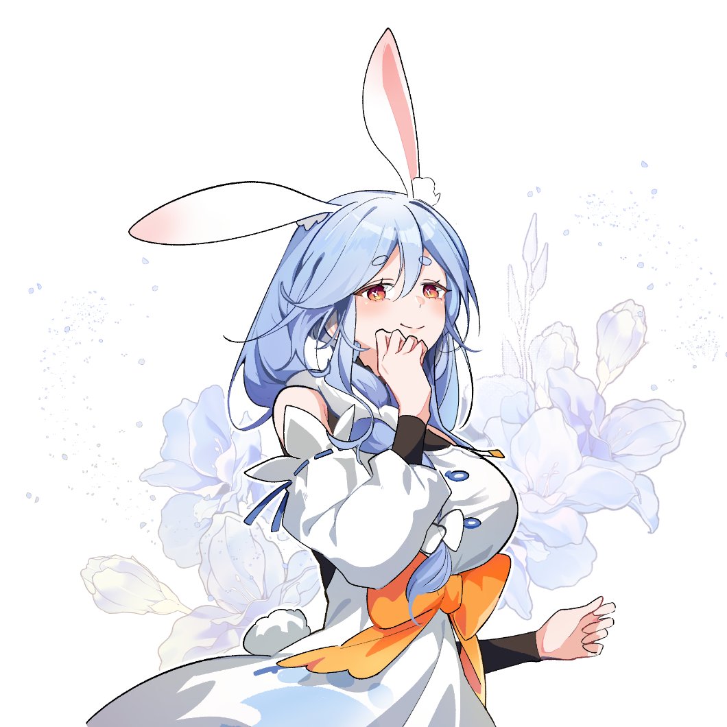1girl animal_ear_fluff animal_ears blue_hair blush braid breasts dandandanholo floral_background flower hololive long_hair looking_at_viewer mature_female mixed-language_commentary multicolored_hair pekomama rabbit_ears rabbit_girl short_eyebrows smile solo thick_eyebrows two-tone_hair virtual_youtuber white_flower white_hair