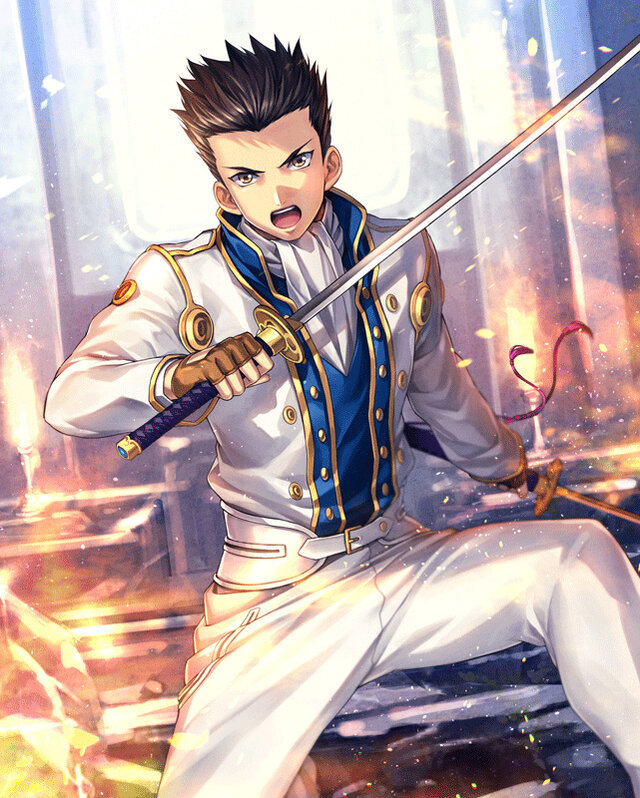 1boy angry artist_request ascot belt belt_buckle black_hair blue_collar brown_eyes brown_gloves buckle buttons collar double-breasted dual_wielding fighting_stance fingerless_gloves fire gloves gold_buckle gold_buttons holding holding_sword holding_weapon hortensia_saga jacket katana light_particles long_sleeves looking_at_viewer male_focus military military_uniform official_art on_one_knee oogami_ichirou open_mouth pants pocket red_tassel sakura_taisen second-party_source sega serious shadow shoes short_hair smile solo spiky_hair sword sword_tassle teeth uniform upper_teeth_only v-shaped_eyebrows weapon white_ascot white_belt white_footwear white_jacket white_pants white_sleeves white_uniform
