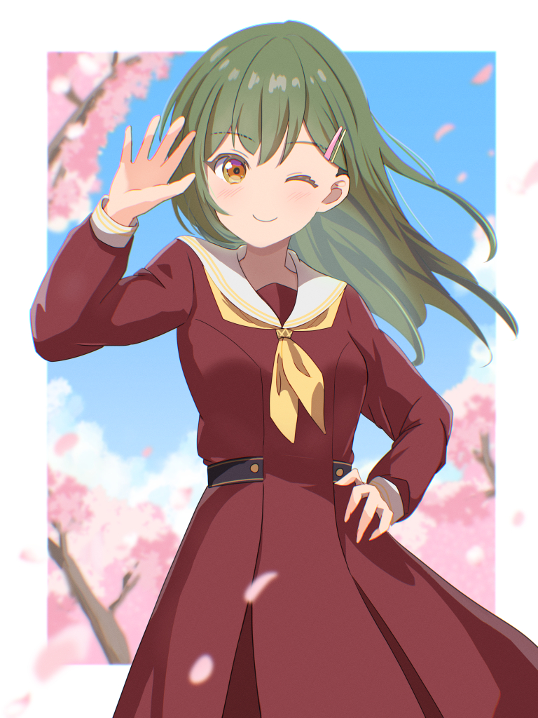 1girl ;) blue_sky blurry blurry_foreground border brown_dress brown_eyes cherry_blossoms chromatic_aberration closed_mouth commentary cowboy_shot double-parted_bangs dress falling_petals floating_hair green_hair hair_ornament hairclip hand_on_own_hip hand_up hasu_no_sora_school_uniform link!_like!_love_live! long_hair long_sleeves looking_at_viewer love_live! masaki_(masakinariya) neckerchief one_eye_closed oogami_sachi outside_border petals pink_petals sailor_collar sailor_dress school_uniform sky smile solo straight_hair waving white_border white_sailor_collar winter_uniform yellow_neckerchief